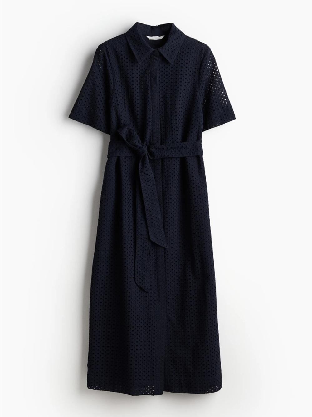 Navy Eyelet Shirt Dress with Belt